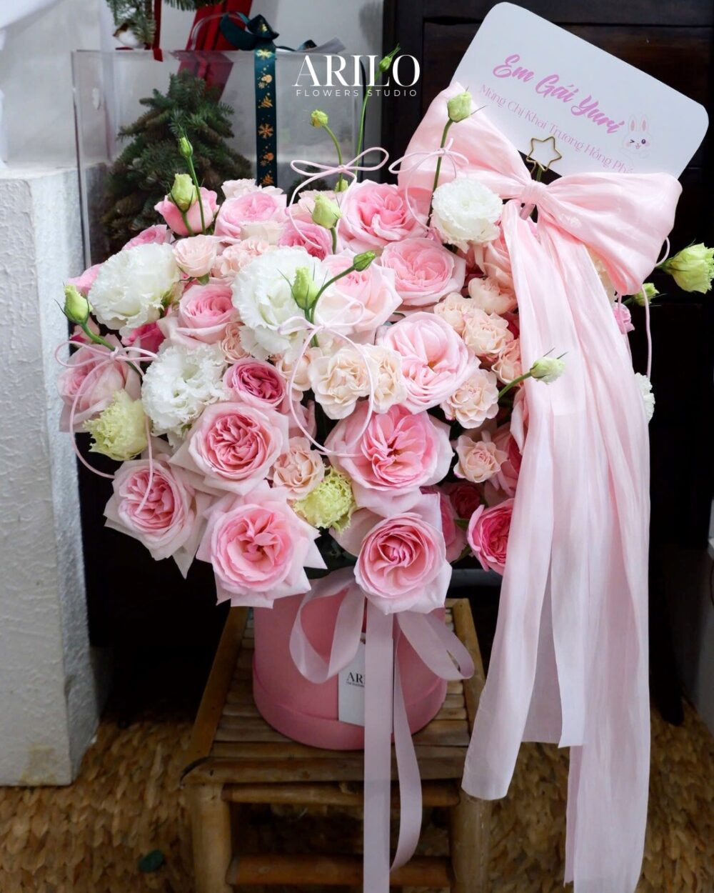 LÃNG HOA KHAI TRƯƠNG TONE HỒNG PASTEL LỜI CHÚC MỪNG NHẸ NHÀNG SANG TRỌNG G23